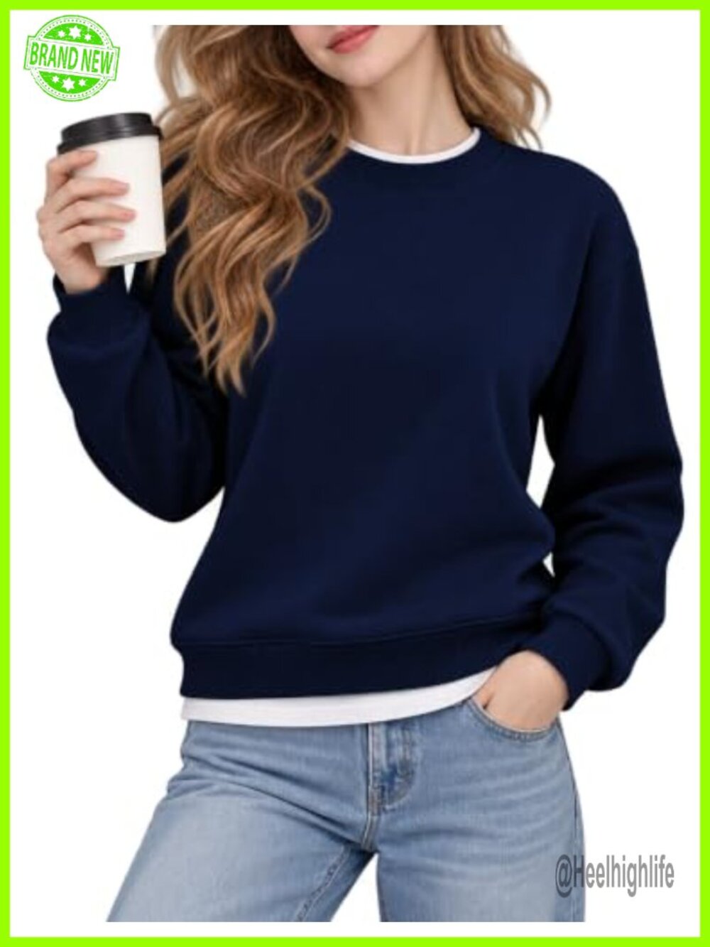 Cotton Blend Pullover Sweatshirt 2 in 1 Contrast Trim Loose Fit Crewneck